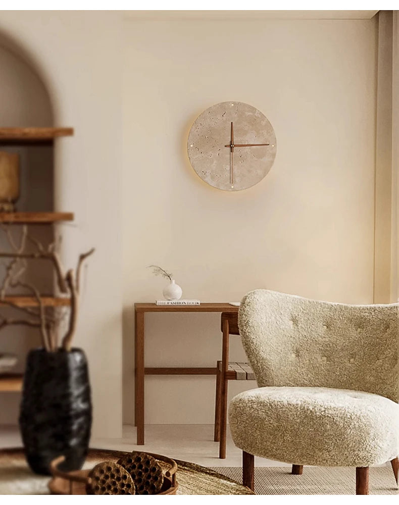 Modern Creative Clock Living Room Wabi Sabi Wall Lamp Nordic Simple Yellow Travertine Restaurant Corridor Circular Sconce Light
