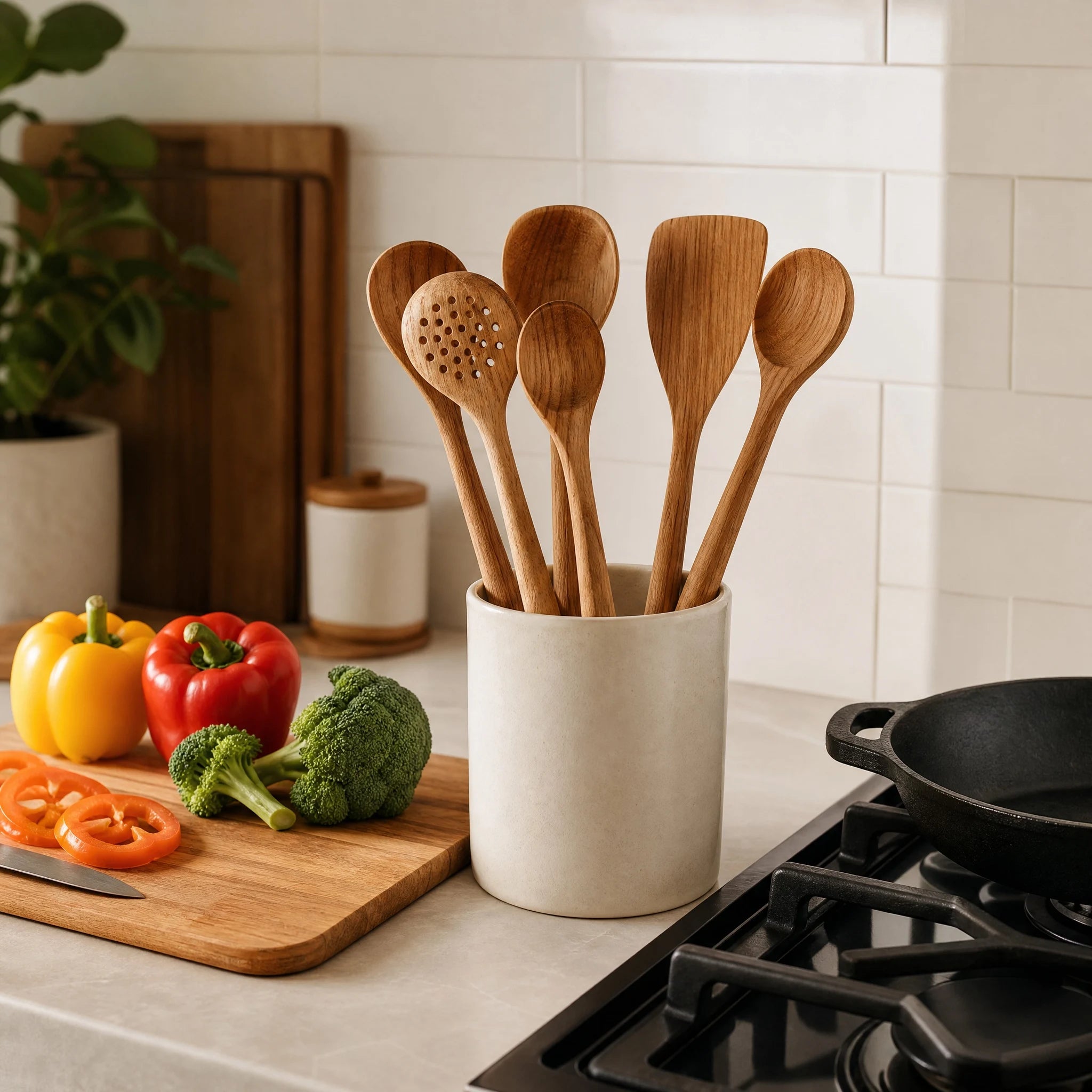 Wood Kitchenware Cooking Set Household Spatula Spoon Set Salad Spoon Fork Stirring Spoon Kitchen Baking Set With Storage Bucket