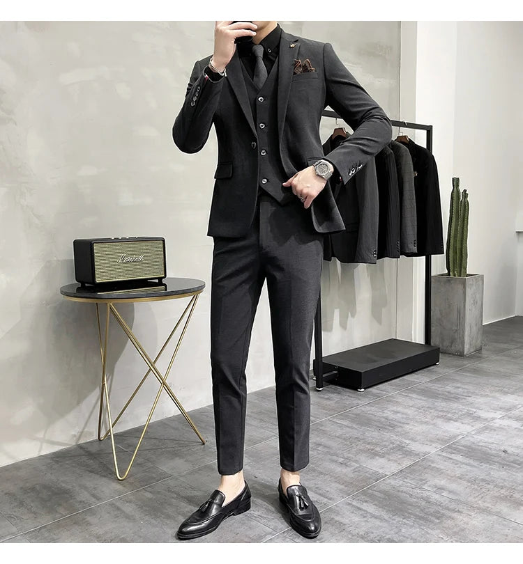 Blazer Vest Pants Men's Navy Blue Suit Set Slim Fit Blazer Vest Pants Formal Outfit for Business Wedding Office Groom Party