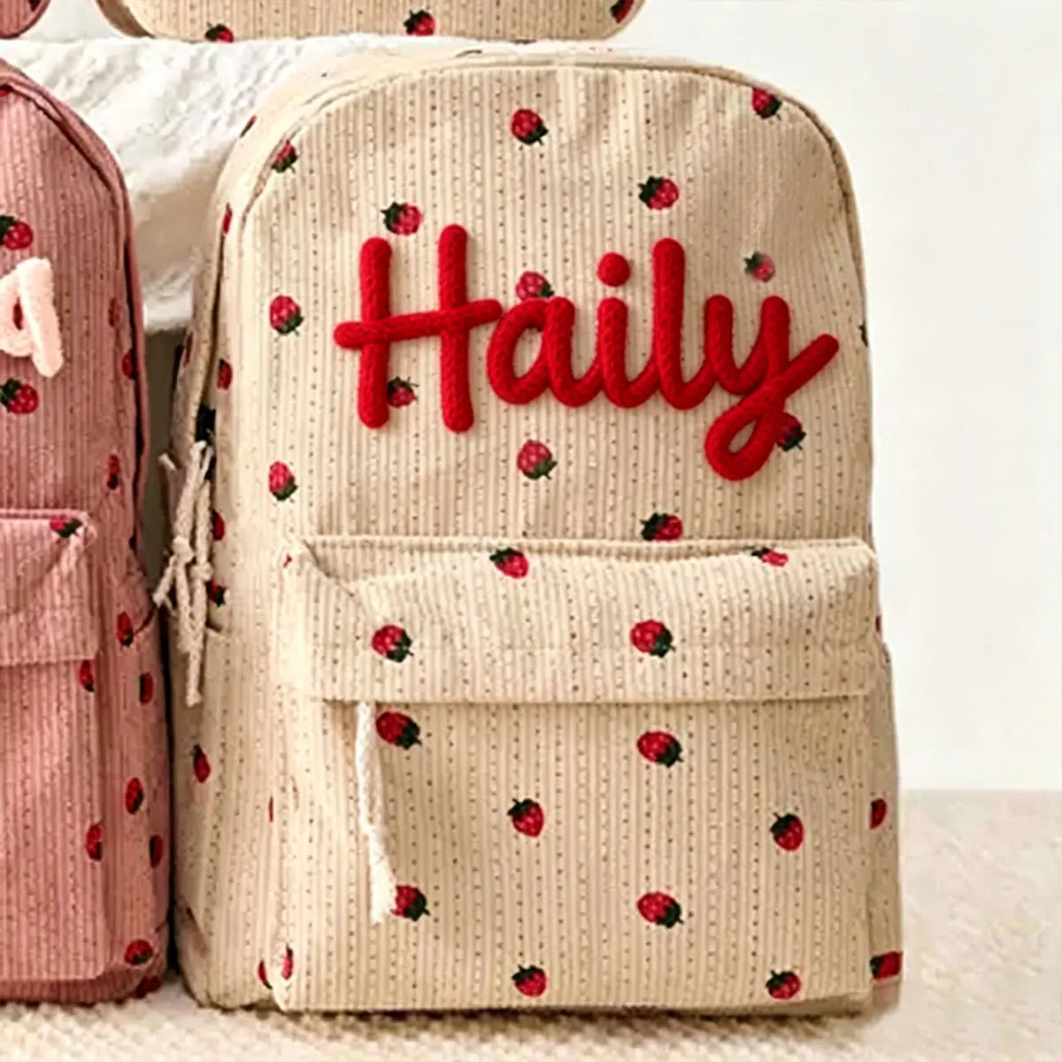 1pc Personalized Corduroy Backpack, Strawberry/Checkered Pattern, Simple and Spacious, Perfect Back-to-School Gift