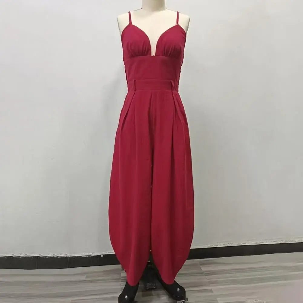 Elegant Sexy V-Neck Spaghetti Strap Jumpsuit Women High Waist Wide Leg Casual Romper Spring Boho Solid Backless Pockets Overalls