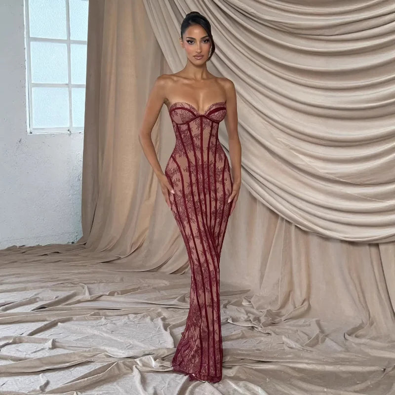 Chic Bold Strapless Gown Sexy Retro Lace Corset Women's Dresses Spicy Girls Parties Trendy Romantic Designers Female Outfits