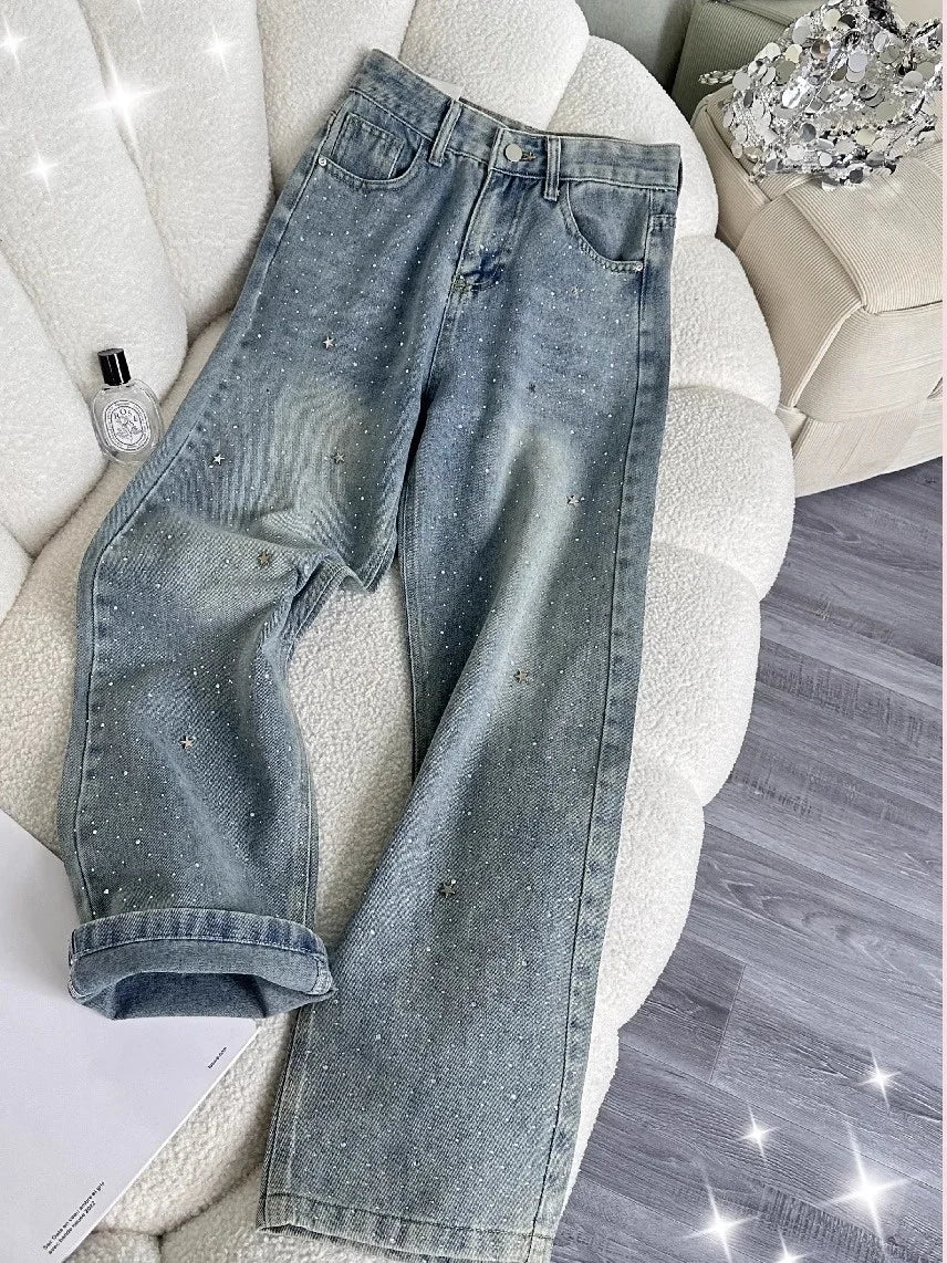 High Waist Shiny Sequin Star Design Casual Wide Leg Jeans Women's Light Blue Slimming Slim Fit Denim Pants Fashionable Versatile