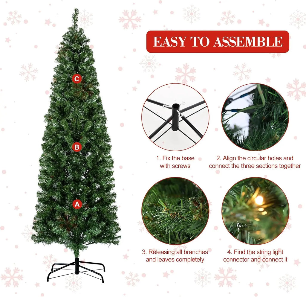Garvee 6.5ft Pre-Lit Slim Pencil Christmas Tree with 250 Warm LED Lights Festive Family Party Christmas Atmosphere Decor Artificial Pencil Xmas Tree 586 Branch Tips, 8 Lighting Modes