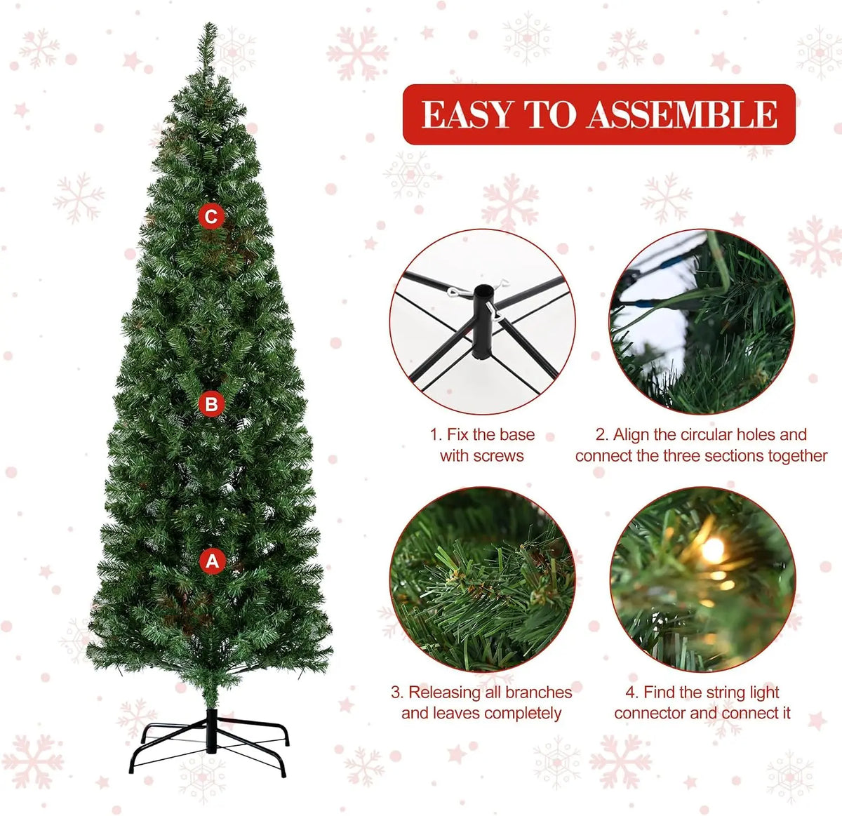 Garvee 6.5ft Pre-Lit Slim Pencil Christmas Tree with 250 Warm LED Lights Festive Family Party Christmas Atmosphere Decor Artificial Pencil Xmas Tree 586 Branch Tips, 8 Lighting Modes