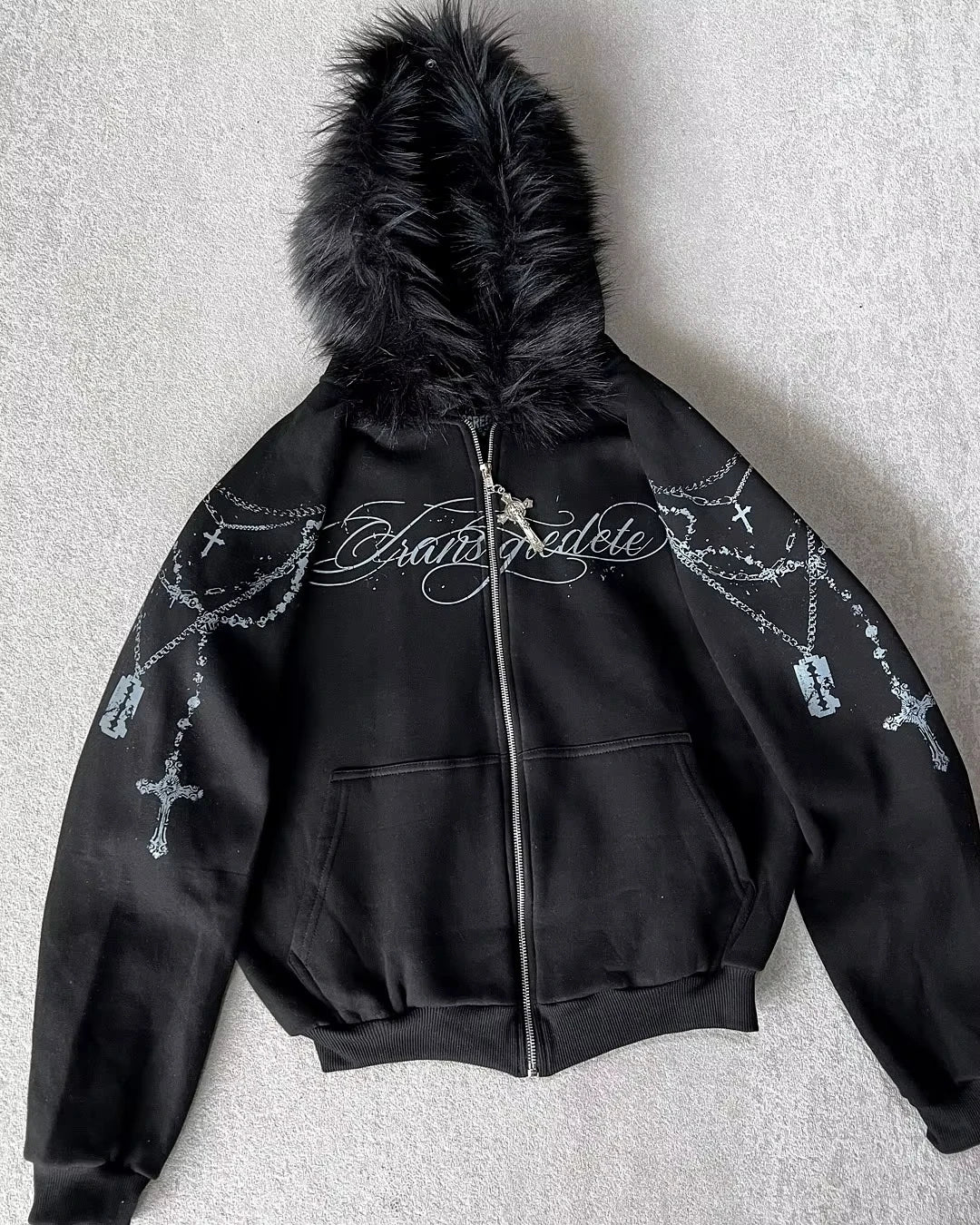 2026 American Fashion Trend Fur Collar Zipper Hoodie Men Street Hip Hop Retro Loose Sweatshirt Unisex Fleece Padded Warm Hoodie