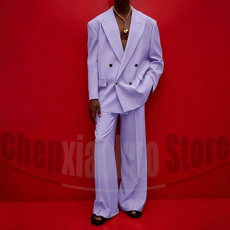 Men's Double Breasted Suit Set Oversized Blazer and Wide-Leg Trousers Fashion Casual Formal Outfits for Streetwear Party