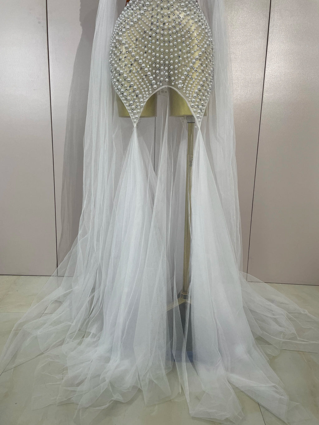 Elegant Sparkly Rhinestone White Pearl Sexy Strapless Mesh Long Dress Wedding Guest Gowns Luxury Birthday Evening Party Dress