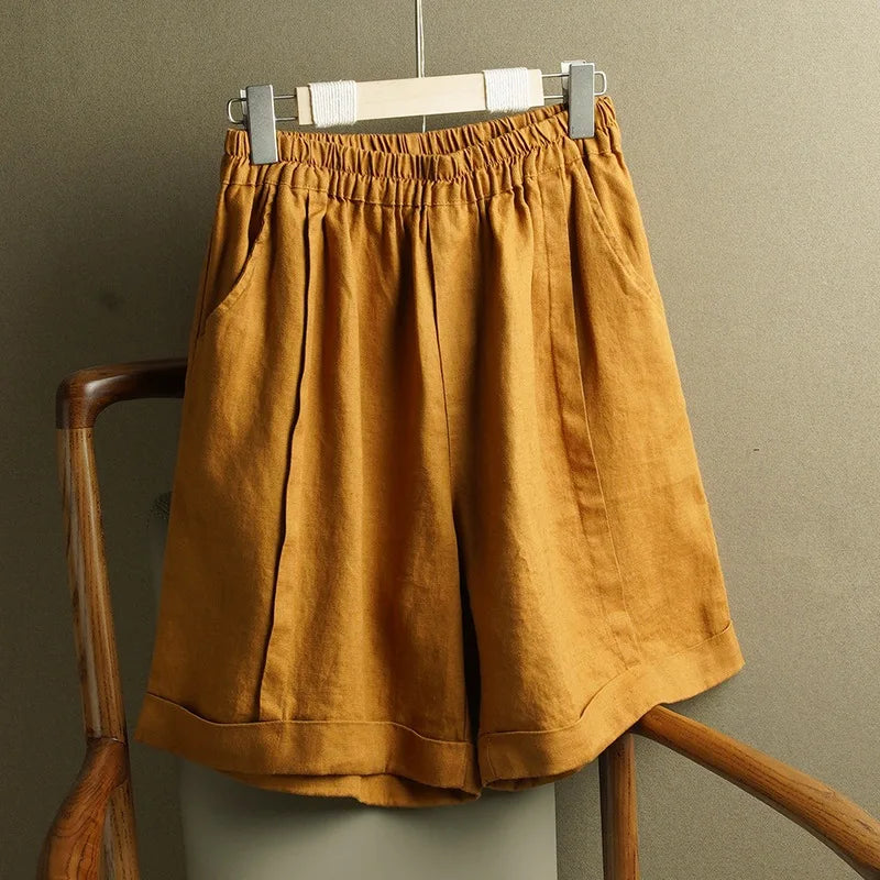 Women's Spring Summer New Linen Wide Leg Shorts Elastic High Waist Casual Loose Plus Size Straight Leg Pants