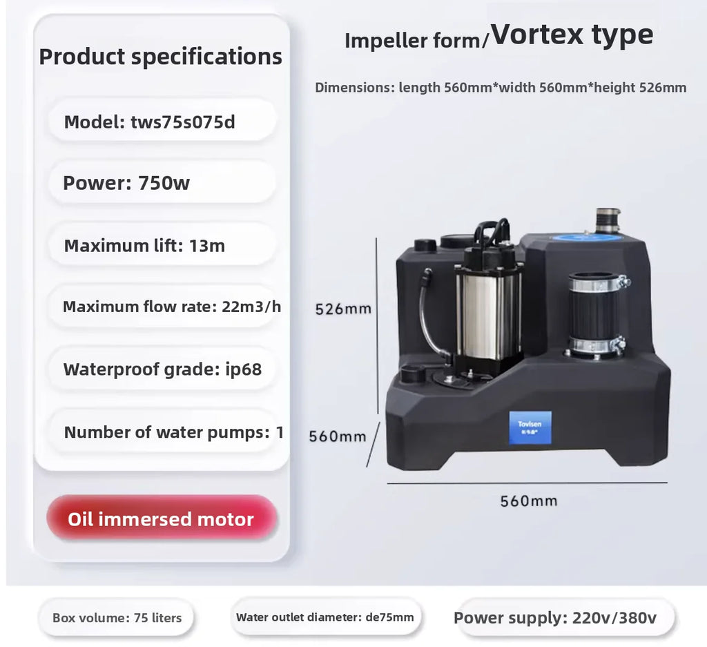 Basement sewage lifting pump station integrated automatic toilet kitchen sewage pump