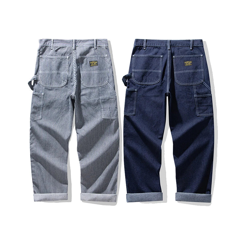 3903 Good Quality Striped Jeans For Man Multi Pockets Cargo Style Straight Casual Loose Trendy Streetwear Boyfriend Denim Pants