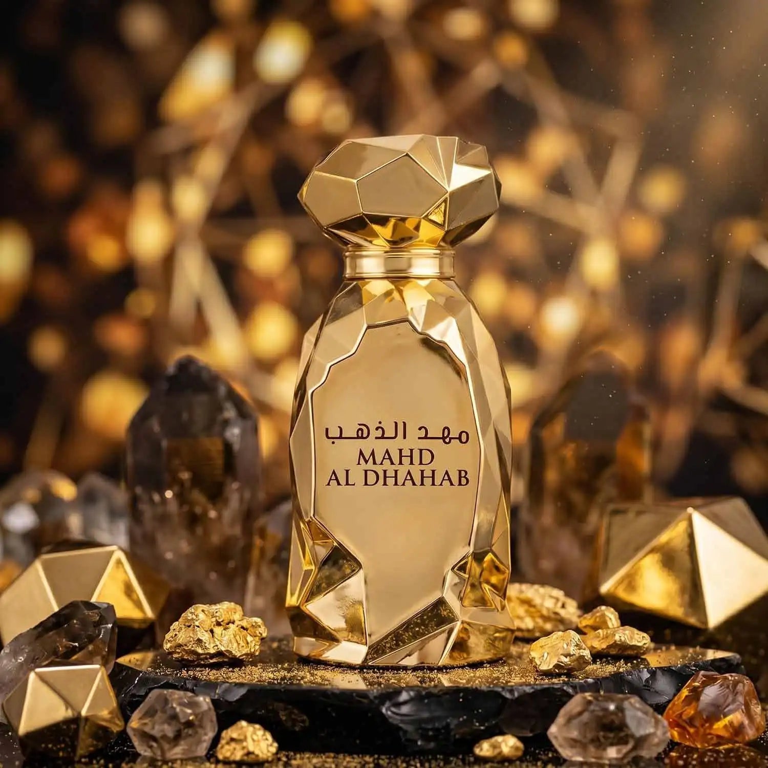 Arabiyat Prestige Mahd Al Dhahab EDP, Full Gold Diamond‑cut Bottle. Luxurious Oriental Fragrance With Saffron, Rich Oud And Amber, Delivering Grand Arabian Luxury Charm.