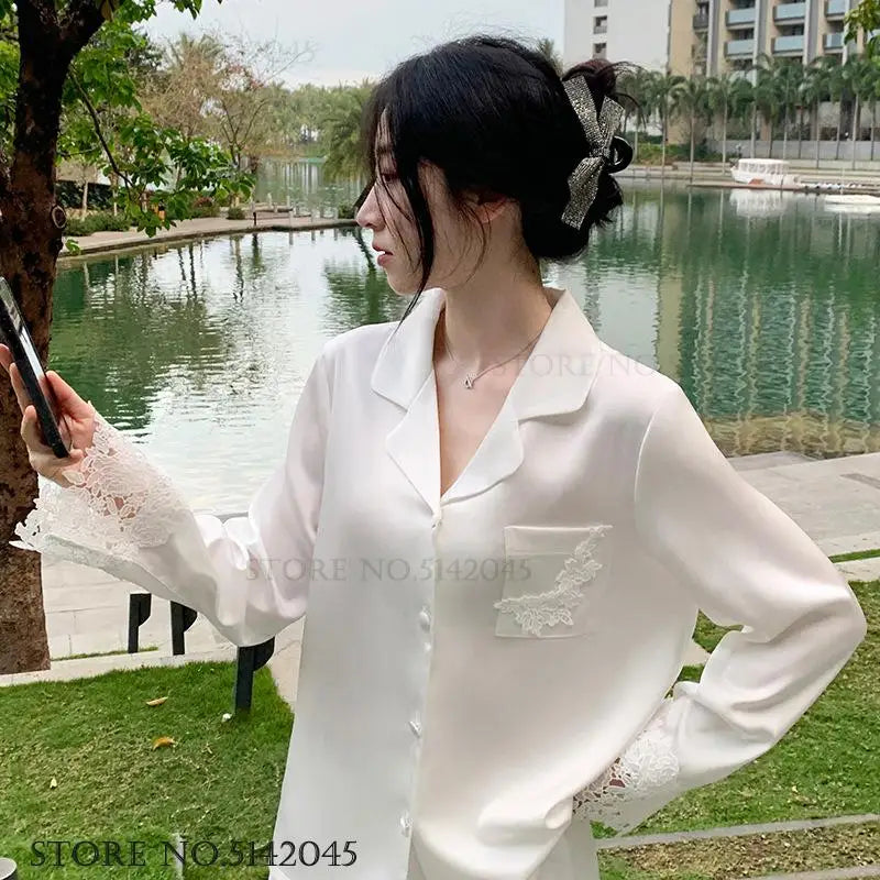 Luxury Women Pajamas Set Night Wear Elegant White Silk Satin Lace Sleepwear Trouser Suit Home Clothes Loose Casual Loungewear
