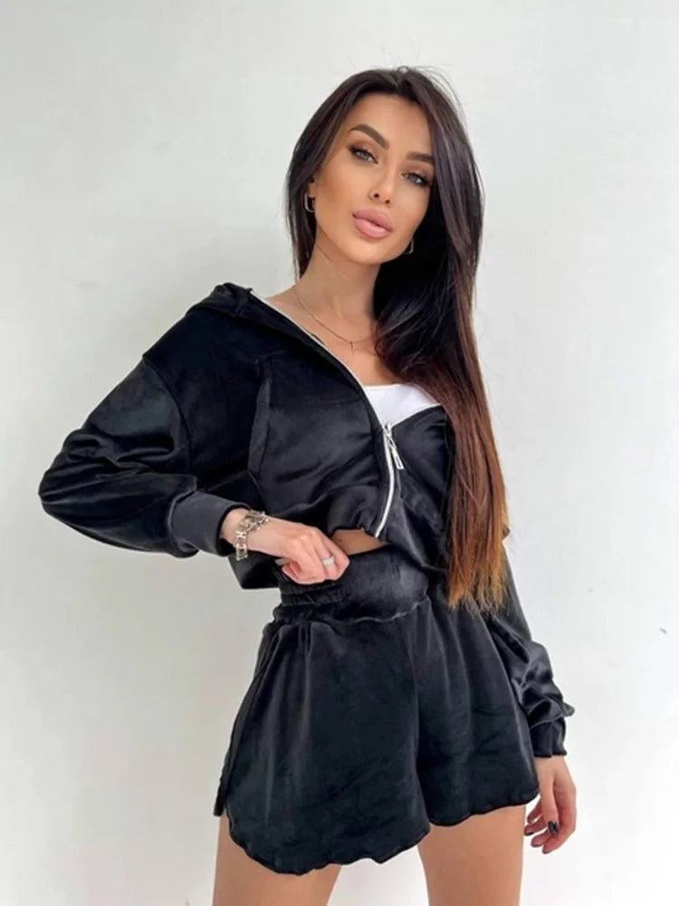 2025 Casual Women's Wear, Zipper Cardigan Long Sleeve Drawstring and Shorts Set, Hoodie Fashion Split Shorts Two-Piece Set