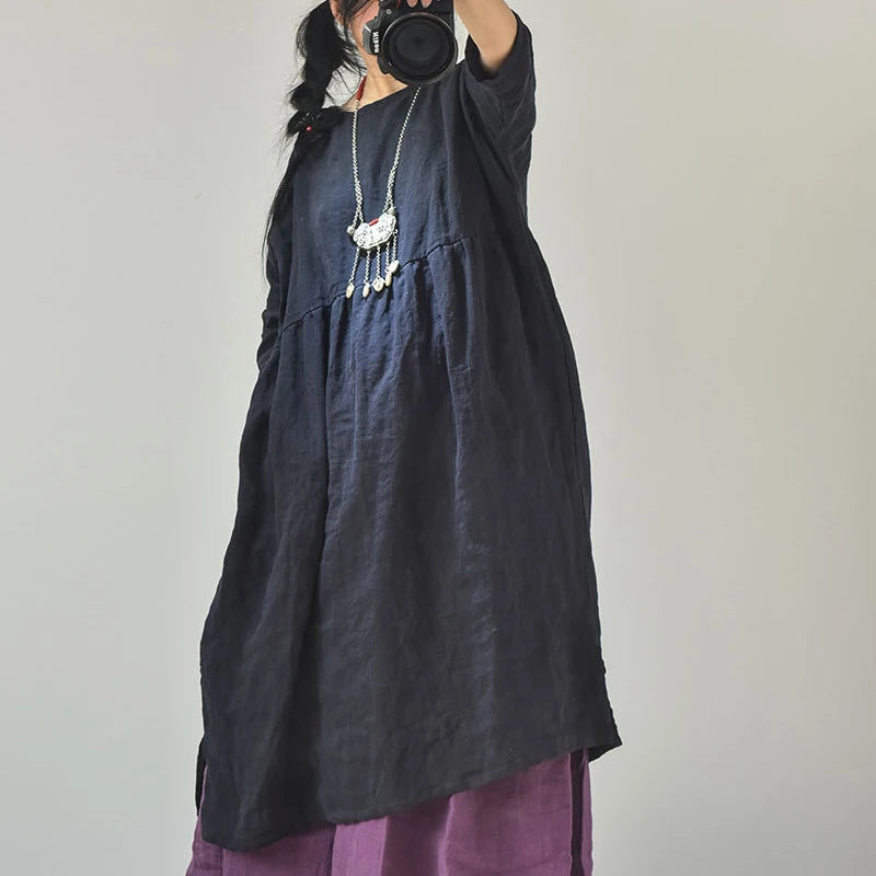 Johnature Women Vintage High Waist Dresses Linen Solid Color O-Neck Seven Sleeve Embroidery 2025 Spring New Casual Soft Dresses