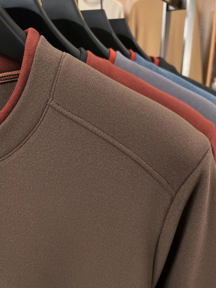Unique fake two pieces round neck sweater men fashion brand letter emboss pullover autumn winter warm velvet long sleeve T-shirt