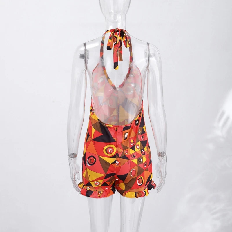 Sexy Print Women's Playsuit Beach Halter Backless Pleated Sleeveless V-neck Jumpsuit Women 2026 Summer Vacation Lady New
