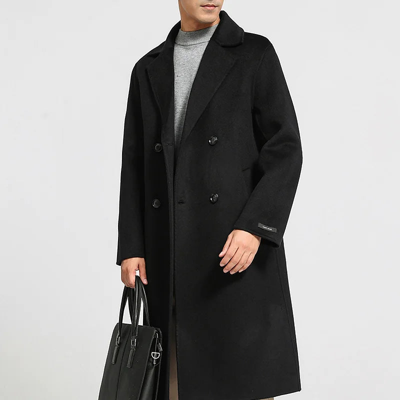 Men's 100% Cashmere Thick Double-Sided Extended Coat, Classic and Versatile Fashion for Business and Leisure