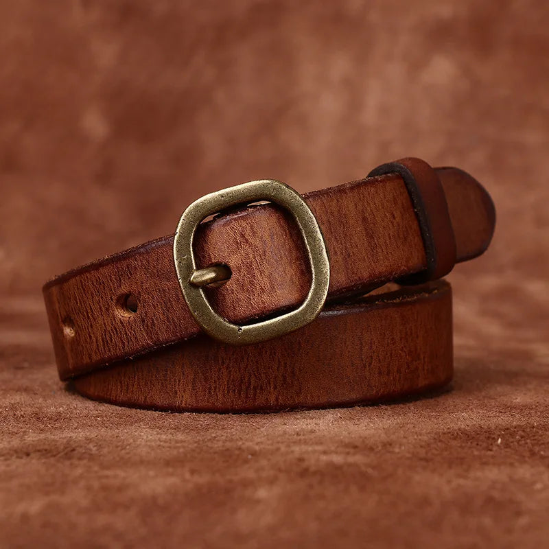 2.3CM Ladies Pure Cowhide Copper Buckle Genuine Leather Casual Jeans Thin Belt Women High Quality Retro Luxury Female Waistband