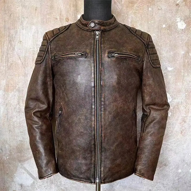 Autumn Winter Youth Mens Cowhide Texture Faux Leather Stand Collar Biker Jacket Retro Color Block Daily Street Casual Outer Coat