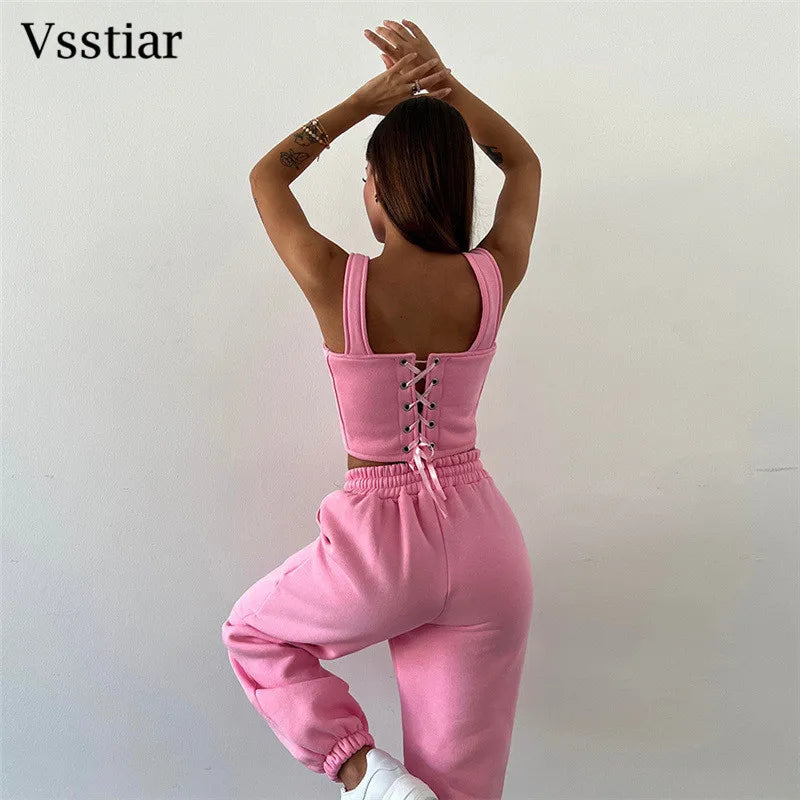 Vsstiar Women Three Piece Set Long Sleeve Hooded Crop Top Irregulary Tanks Pockets Pants Casual Tracksuit Fashion Female Clothes