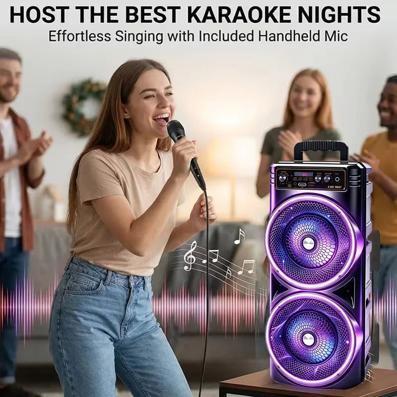 Professional‑Grade Portable Bluetooth Speaker, Dual‑Driver with Dynamic RGB LED Lights, TWS Wireless Stereo Interconnection, Supports Bluetooth, USB Drive, TF Card, Microphone and FM Radio, Compact Outdoor Speaker for Par