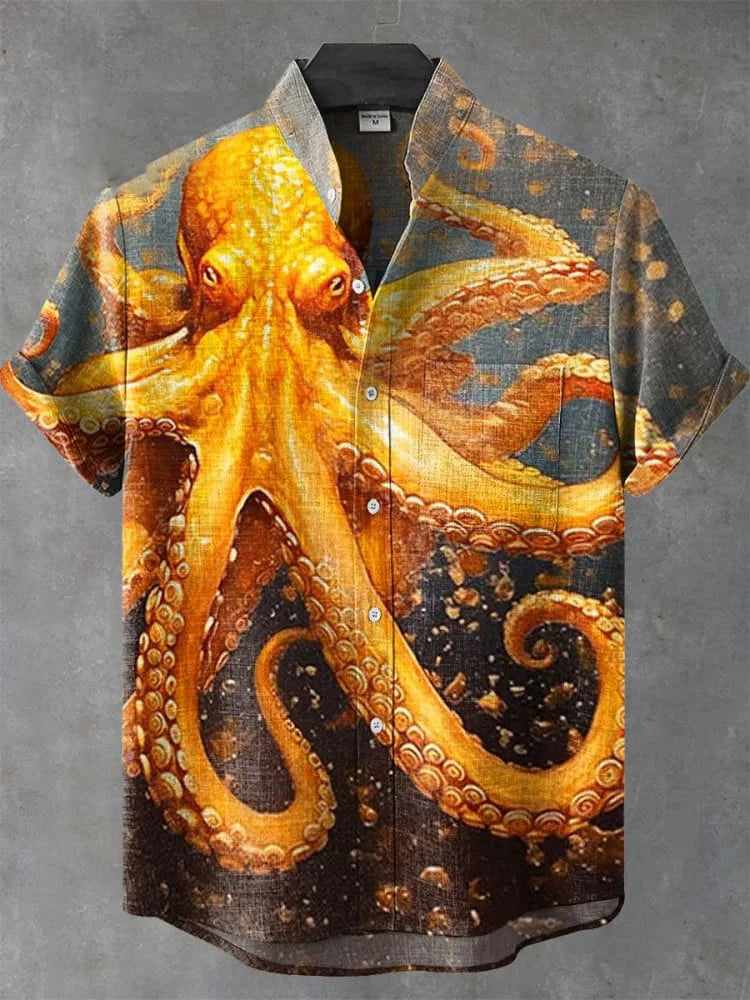 Men's new retro linen short sleeved shirt with giant monster pattern printed casual and comfortable button top