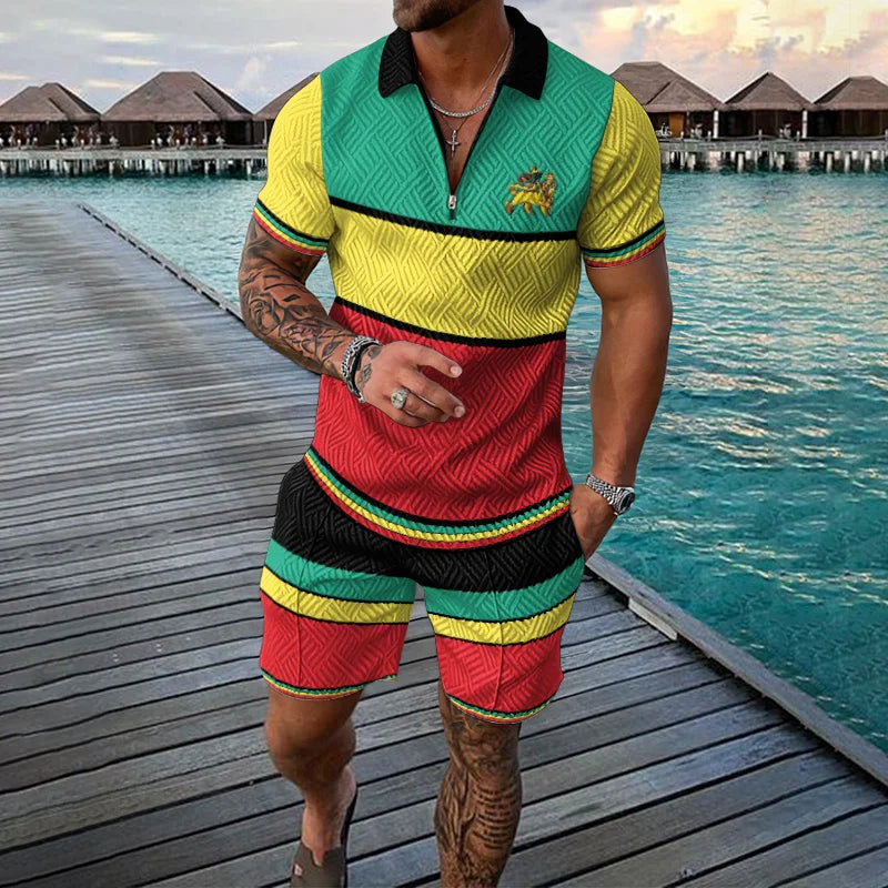 Men Zipper Polo Shirt Suit 2 Pcs Tracksuit Summer 3D Print Beach Boho Geometric Style Holiday Clothing Ensembles De Sport