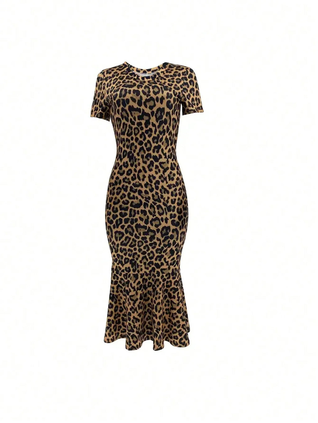 Spring Summer Fashion European Style Leopard Print round Neck Short Sleeve Fish Tail Hem Long Dress