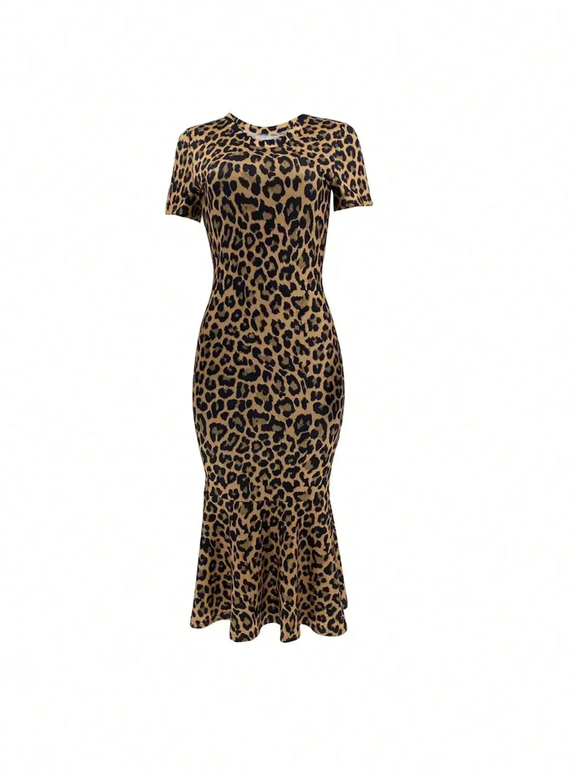 Spring Summer Fashion European Style Leopard Print round Neck Short Sleeve Fish Tail Hem Long Dress