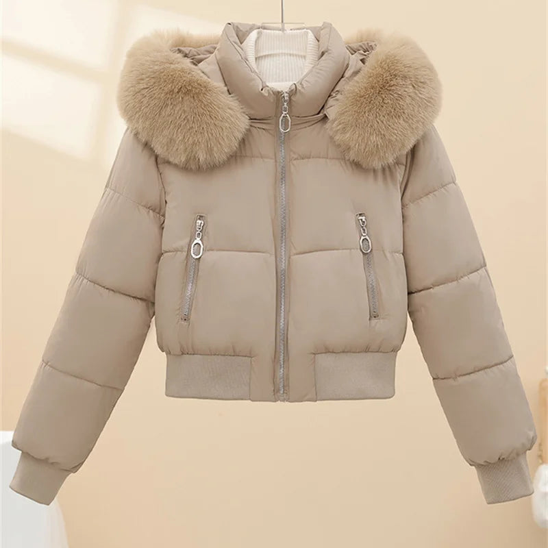 2026 Super-short Cotton-padded Jacket Women's Elastic-waist Winter Coats Fur Collar Hooded Parkas Streetwear Warm Slim Outerwear