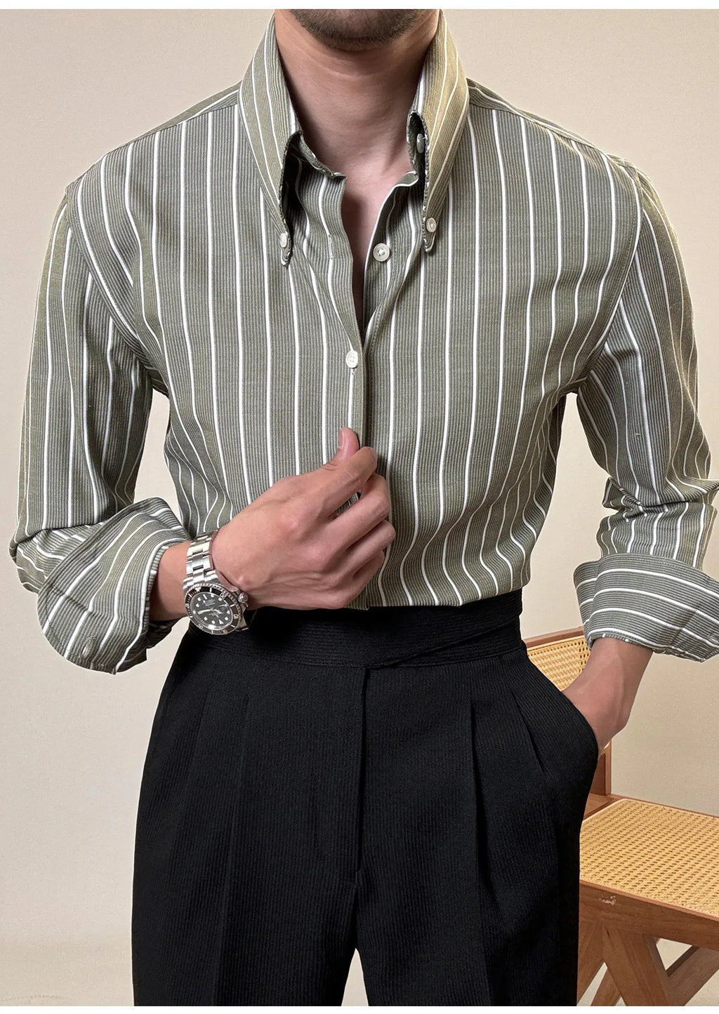 Anti-wrinkle Tianshan Cotton Italian Long Point Collar White Striped Shirt Men's Long Sleeve Casual Business Shirt