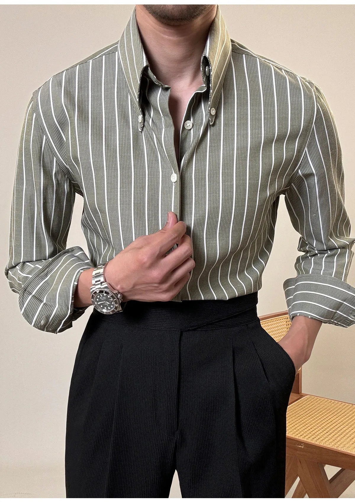 Anti-wrinkle Tianshan Cotton Italian Long Point Collar White Striped Shirt Men's Long Sleeve Casual Business Shirt