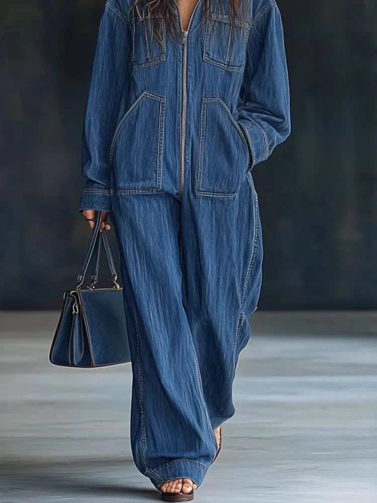 Women Denim Jumpsuits For Autumn Winter Long Sleeve Bandage Loose Fashion Streetwear Overalls Wide Leg Pants Jeans 2025