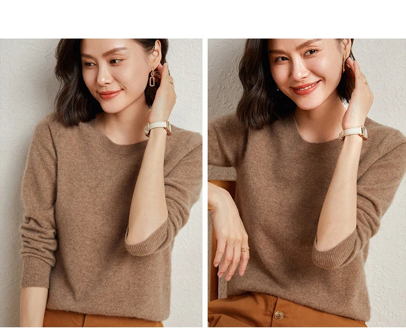 100%Merino Pure Wool Pullover Sweater For AutumnWinter Women's Round Neck Warm High-Quality Solid Color Basic Knitted Jumper Top