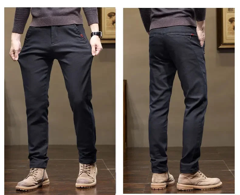 Korean Fashion Fleece Men's Casual Pants Slim Straight Youth Warm Trousers Thickened Thermal Stretch Male Clothes Trendy Brand