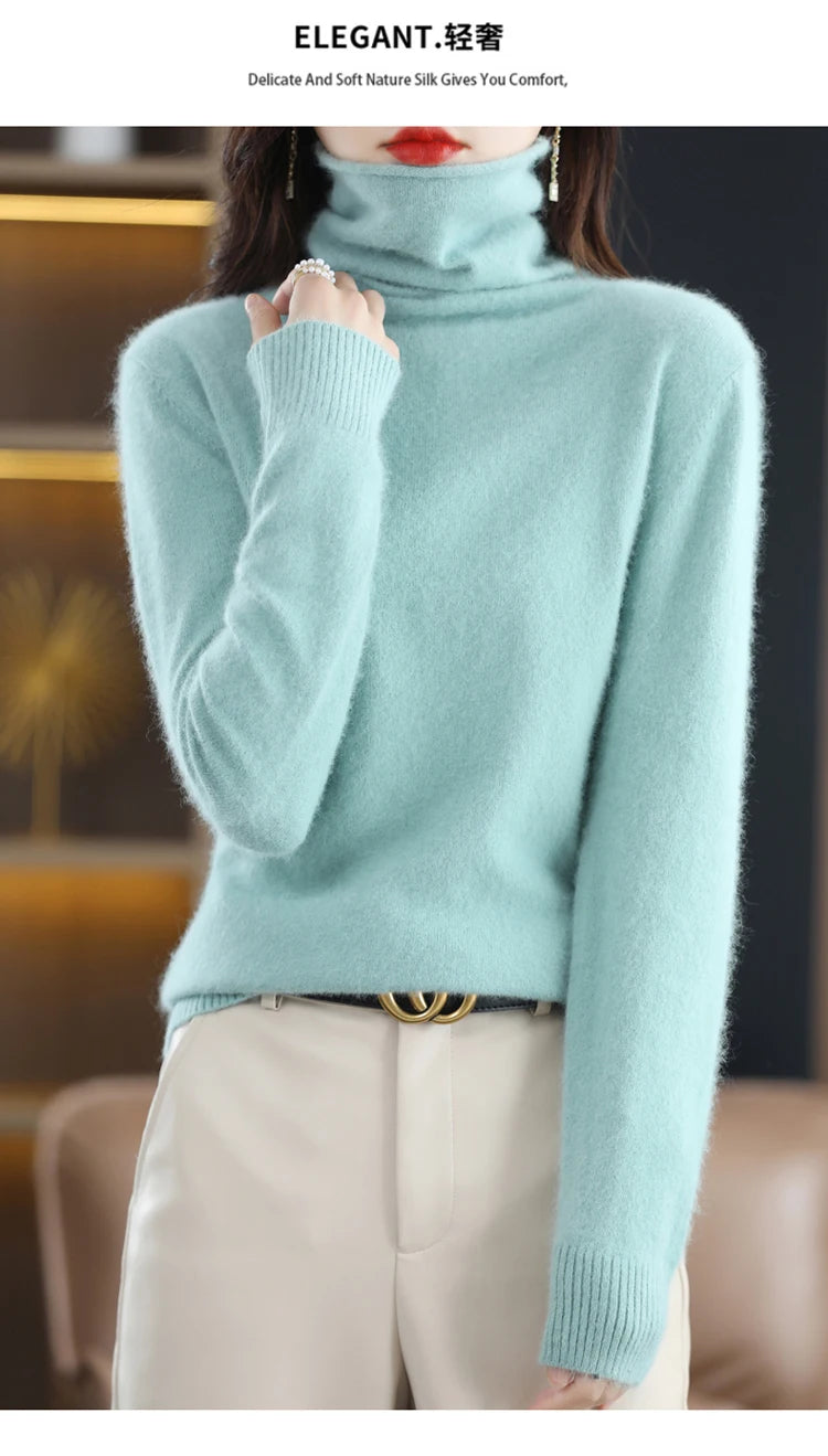 Women's Pile Collar 100% Mink Cashmere Sweater Winter High Collar Knitted Pullover Casual Short Thick Tops Loose Warm Base Shirt