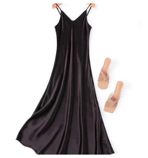Tcyeek Woman Long Dress, 100%Real Silk, V Neck, Solid Spaghetti Strap Dresses, 2025 Elegant Chic Clothes