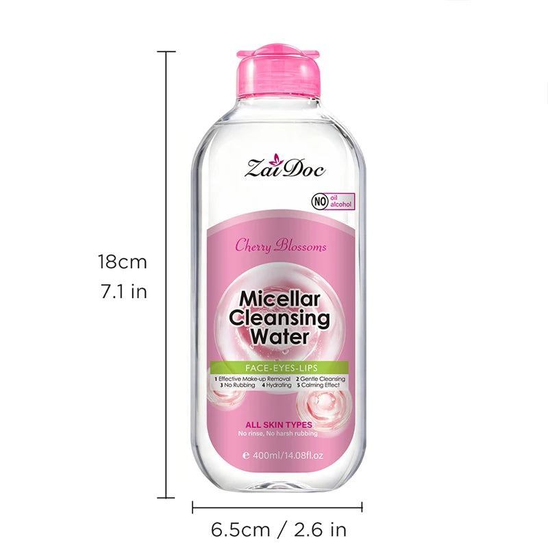 ZaiDoc Turmeric/Cherry Blossom Micellar Cleansing Water Makeup Remover No Rinse No Rubbing All Skin Types Face Eyes Lips 400ml Each