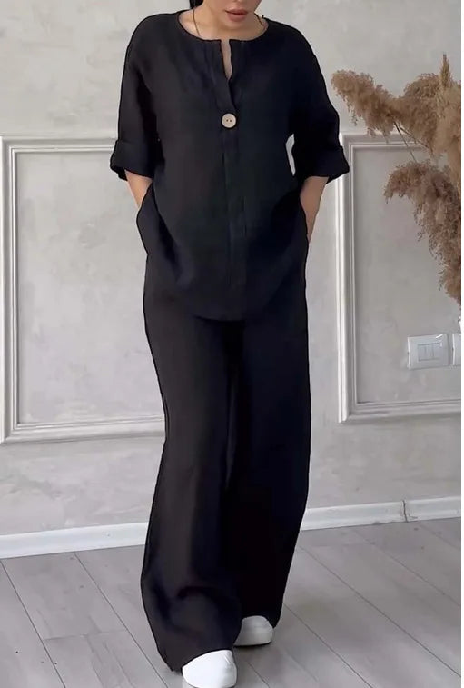 Spring Autumn Fashion Cotton And Linen Solid Two Piece Set Women Causal Loose V-neck Top Wide Leg Pants  2 Piece Sets Woman
