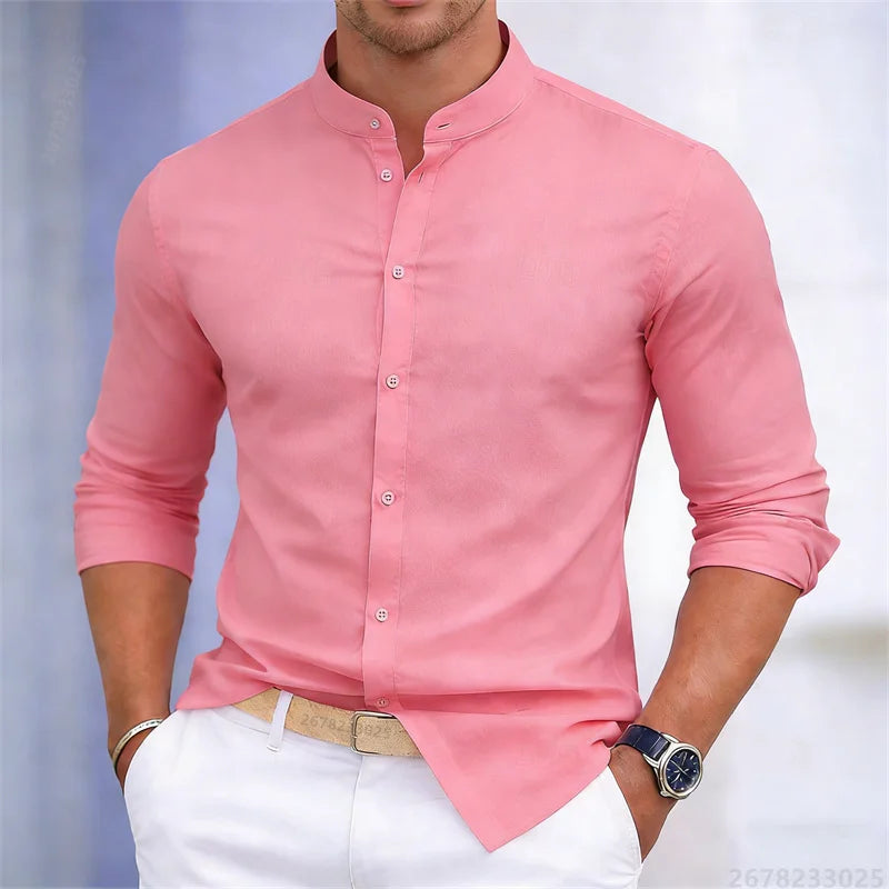 Men's stand-up collar white or black long-sleeved shirt, solid color shirt, slim fit business casual men's top, sizes XS-6XL.