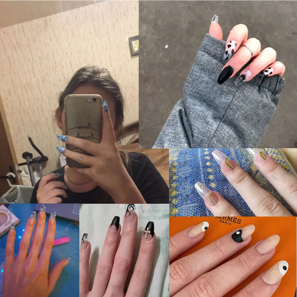 24Pcs/Set Blue Sky White Cloud Fake Nails Glue DIY Manicure Pattern Design False Nail French Stiletto Full Cover Nail Art Tools