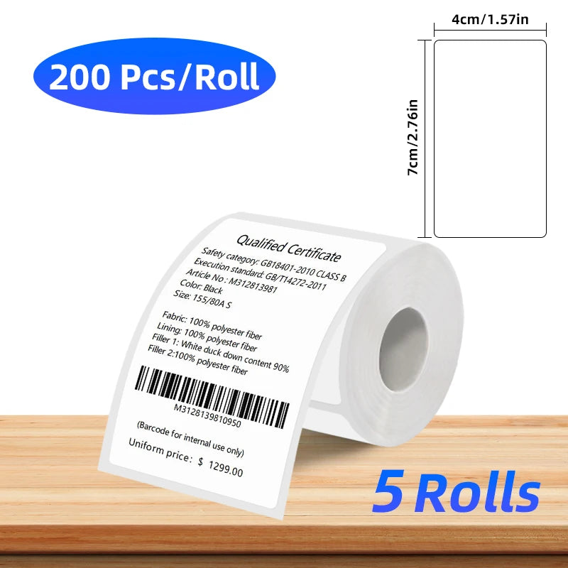 5 Rolls of Thermal Label Paper, Coreless White Self-Adhesive Waterproof Stickers, Suitable for Portable Handheld Printers - for Barcodes, Addresses, Shipping, Corporate Offices, Commercial and Home Labels 30*20mm 30*30 40*20