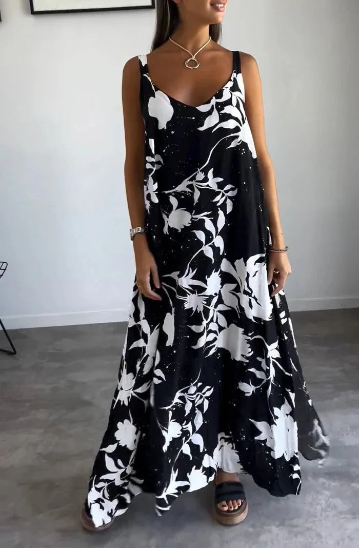 Vestidos Summer Women's Fashionable Printed Camisole Backless Casual Dress 2025 Sexy Women's V-neck Loose Beach Maxi Dresses