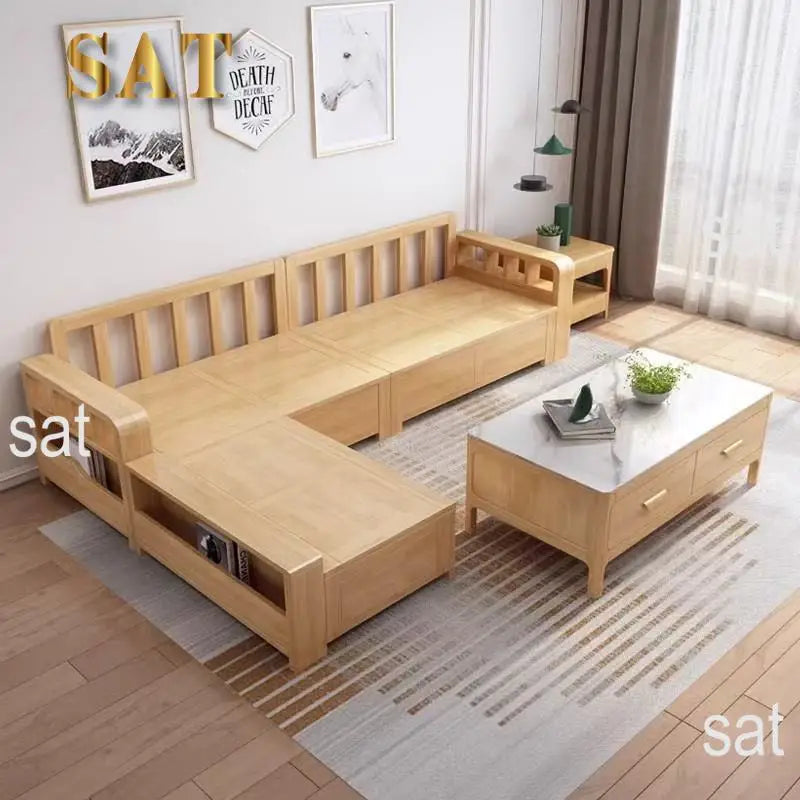 *Living Room Nordic Log Wood Storage Corner Sofa Winter  Summer Dual Use Fabric Wooden Sofa Combination
