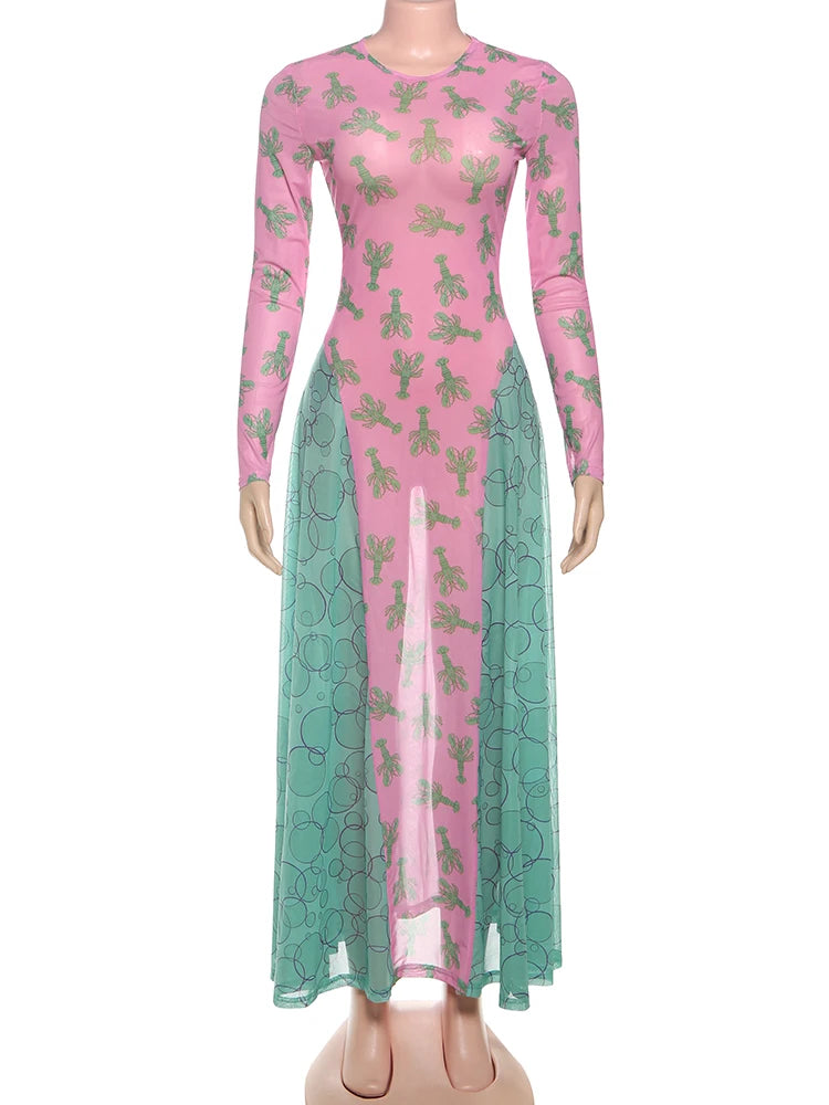 Sisterlinda Contrast Design Dress Women Crayfish Print o-Neck Full Sleeve Sexy See Through Hem Fall Ruched Elegant Long Bodycon