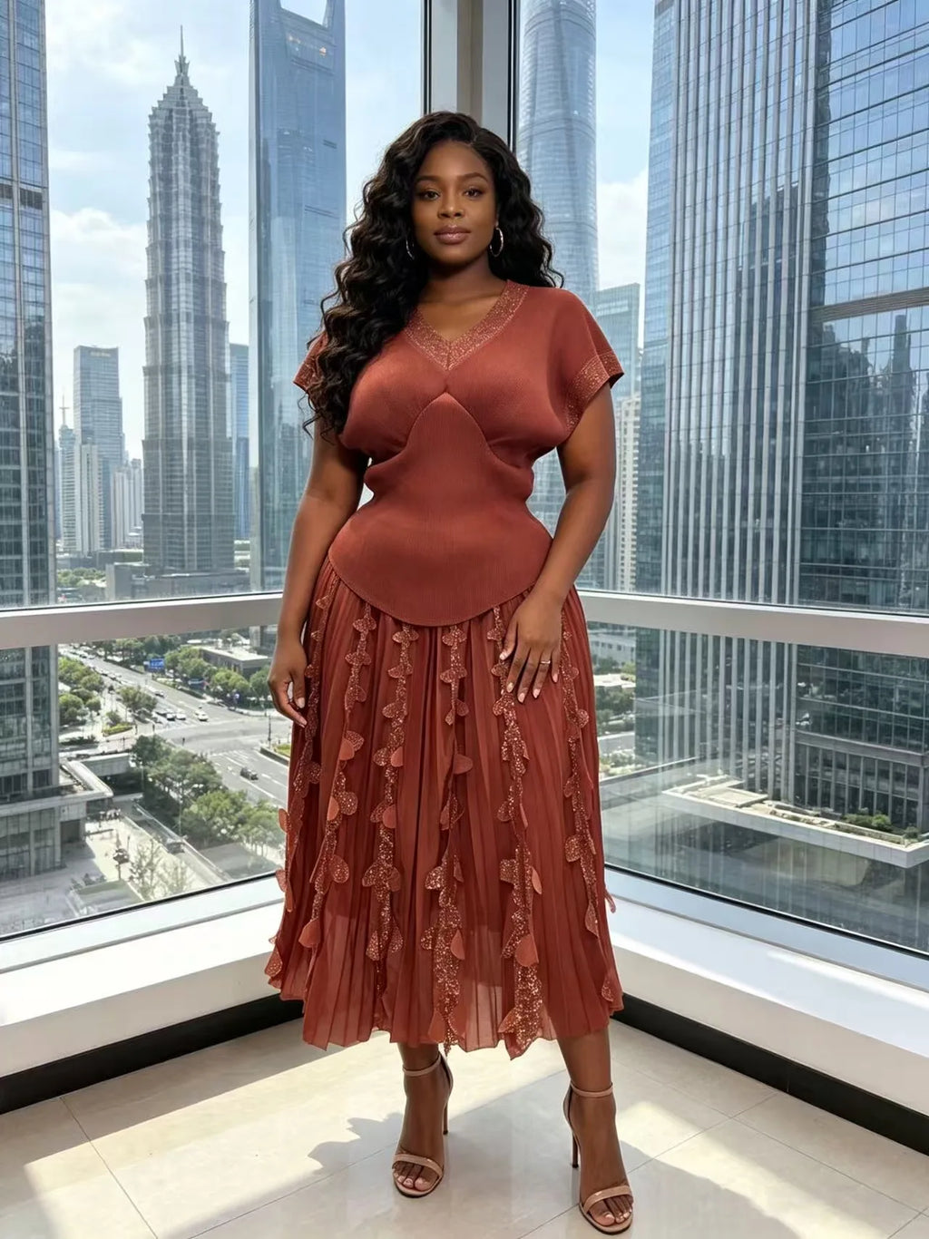 2026 Spring and Summer Retro High Waist and Thin Bronzing Suit  V-neck Bat Sleeve Versatile T-shirt Skirt Two-piece Suit Women