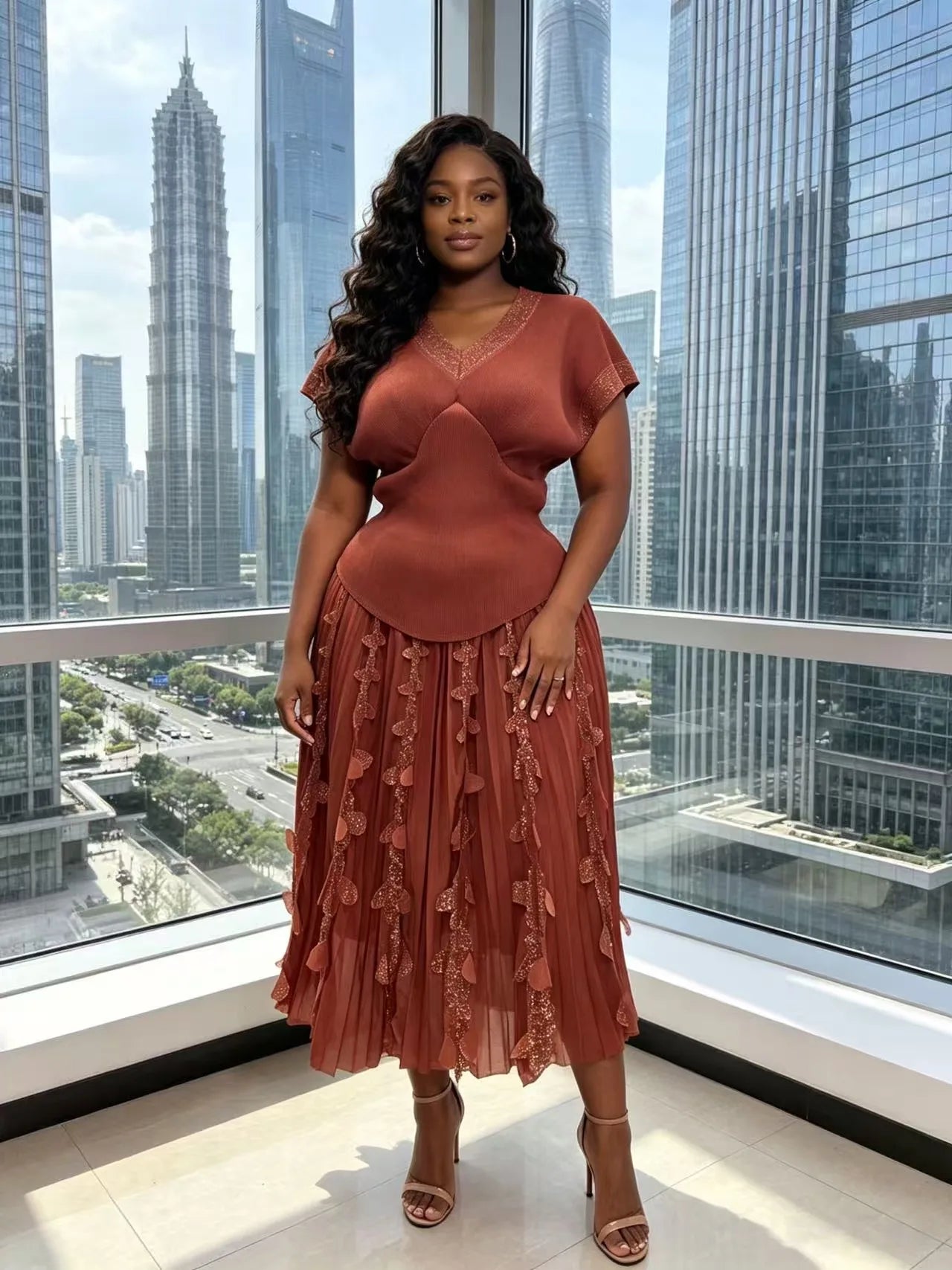 2026 Spring and Summer Retro High Waist and Thin Bronzing Suit  V-neck Bat Sleeve Versatile T-shirt Skirt Two-piece Suit Women