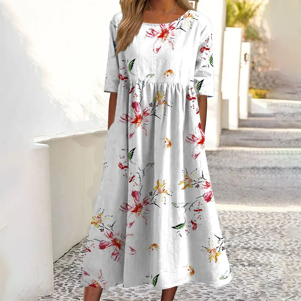 2026Summer New Arrival Women's Casual Crew Neck Pocket Short Sleeve Printed Dress