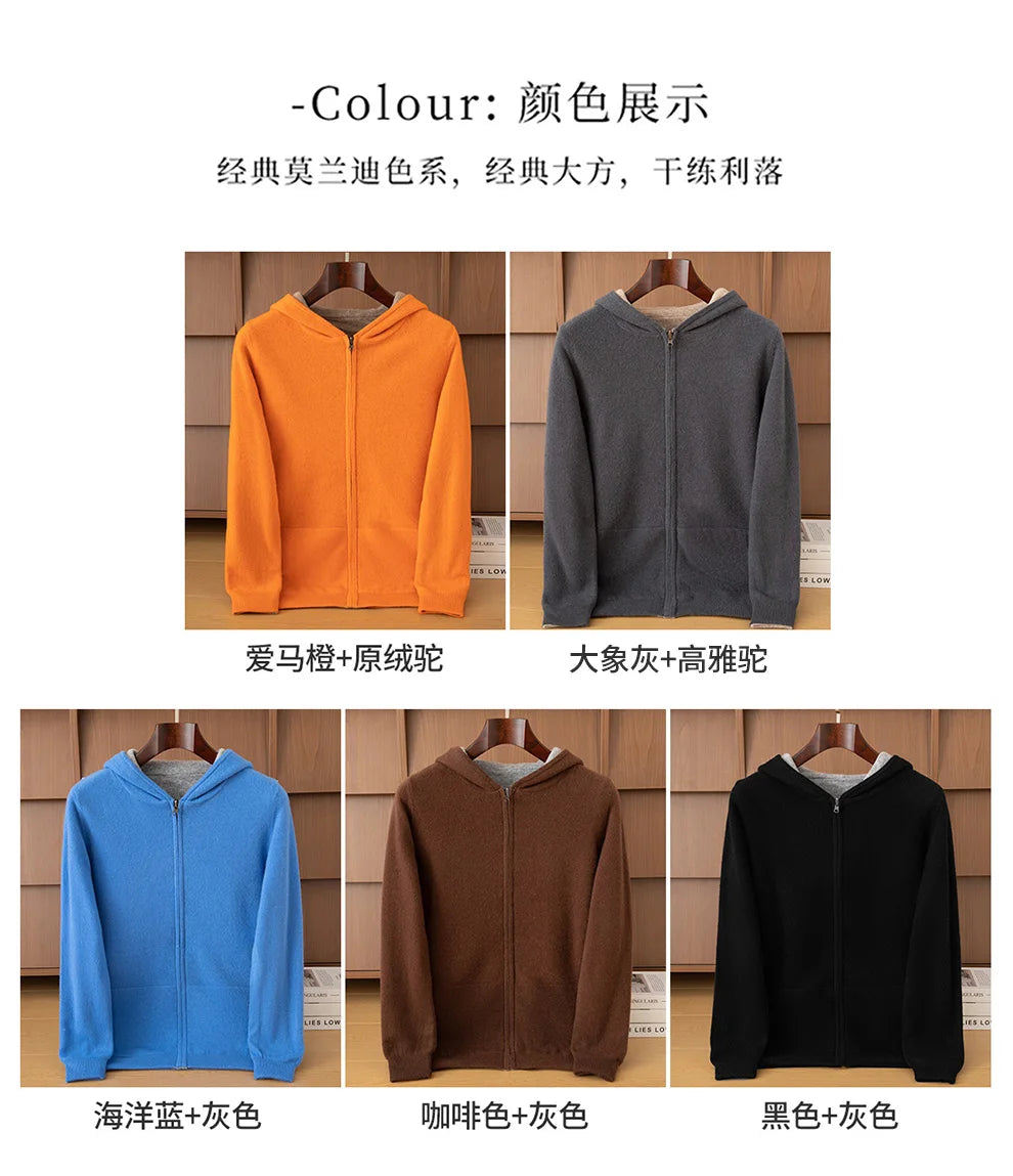 Double-Sided Cashmere Hooded Cardigan For Men Autumn And Winter Wearing Sweater Thickened Pure Wool Knitted Loose Zipper Coat